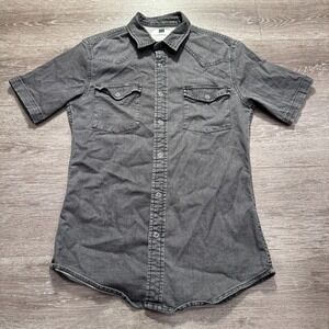 Topman Shirt Mens Small Gray‎ Denim Chambray Western Pearl Snap Muscle Fit Adult